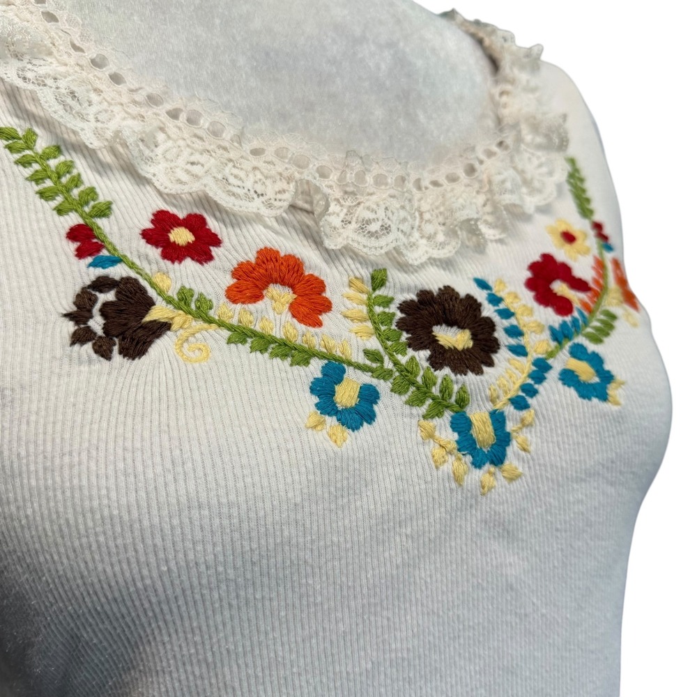 Vtg 90s Y2K Tank Top Womens L Knit Coquette Whimsigoth Fairy Floral Embroidered - Picture 14 of 15